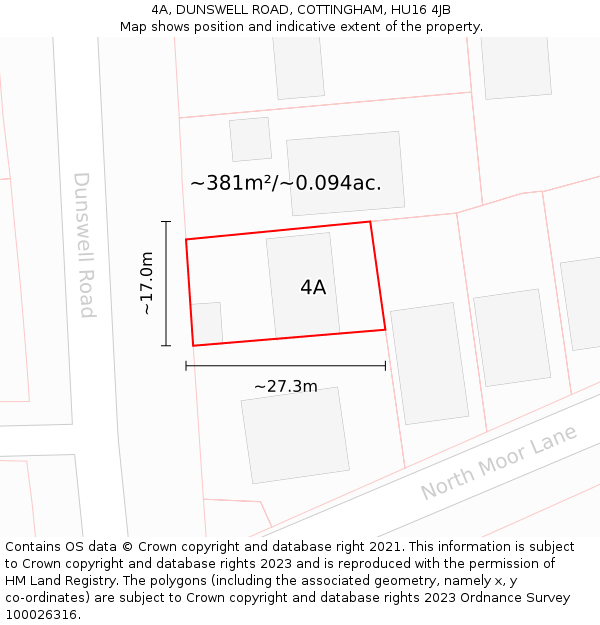 4A, DUNSWELL ROAD, COTTINGHAM, HU16 4JB: Plot and title map