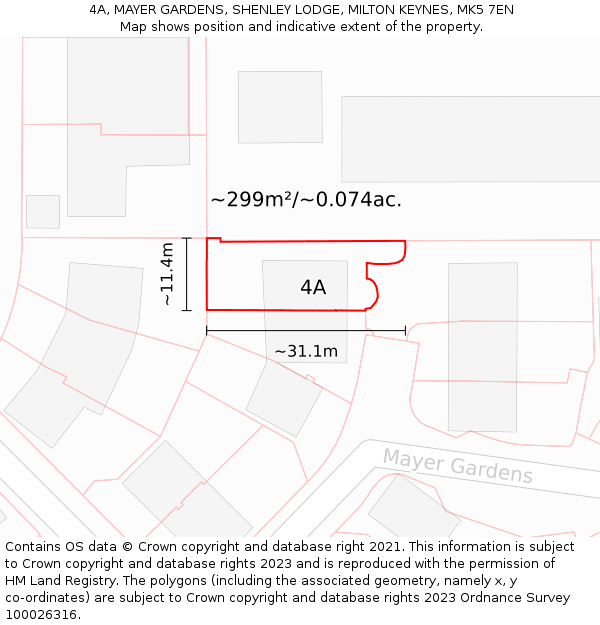 4A, MAYER GARDENS, SHENLEY LODGE, MILTON KEYNES, MK5 7EN: Plot and title map