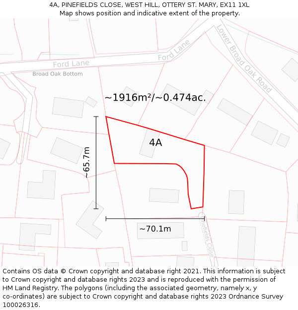4A, PINEFIELDS CLOSE, WEST HILL, OTTERY ST. MARY, EX11 1XL: Plot and title map