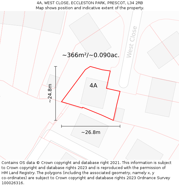 4A, WEST CLOSE, ECCLESTON PARK, PRESCOT, L34 2RB: Plot and title map