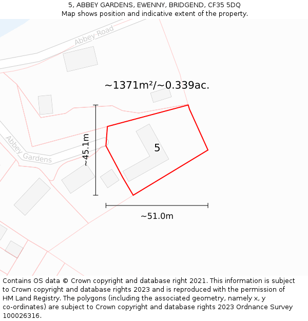 5, ABBEY GARDENS, EWENNY, BRIDGEND, CF35 5DQ: Plot and title map