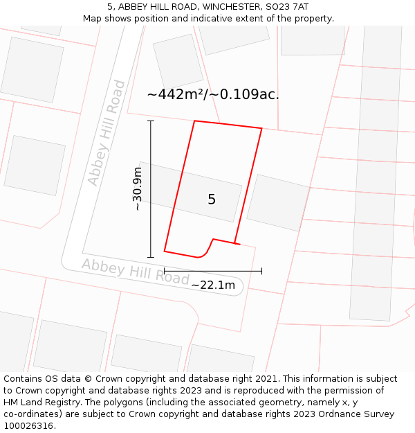 5, ABBEY HILL ROAD, WINCHESTER, SO23 7AT: Plot and title map