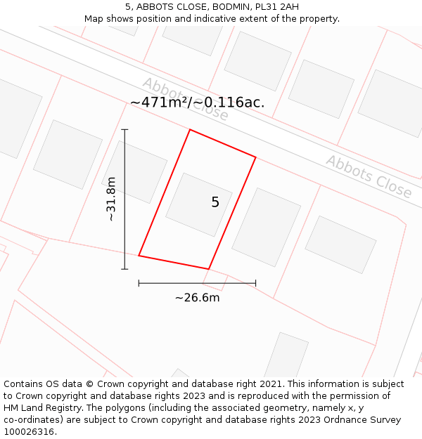 5, ABBOTS CLOSE, BODMIN, PL31 2AH: Plot and title map