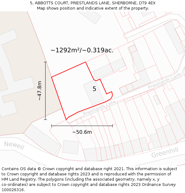 5, ABBOTTS COURT, PRIESTLANDS LANE, SHERBORNE, DT9 4EX: Plot and title map