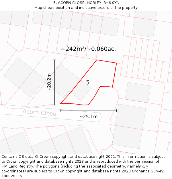 5, ACORN CLOSE, HORLEY, RH6 9XN: Plot and title map