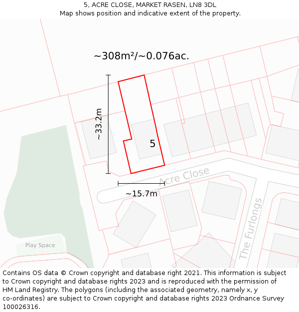 5, ACRE CLOSE, MARKET RASEN, LN8 3DL: Plot and title map