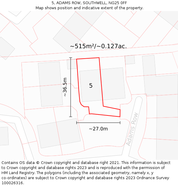 5, ADAMS ROW, SOUTHWELL, NG25 0FF: Plot and title map