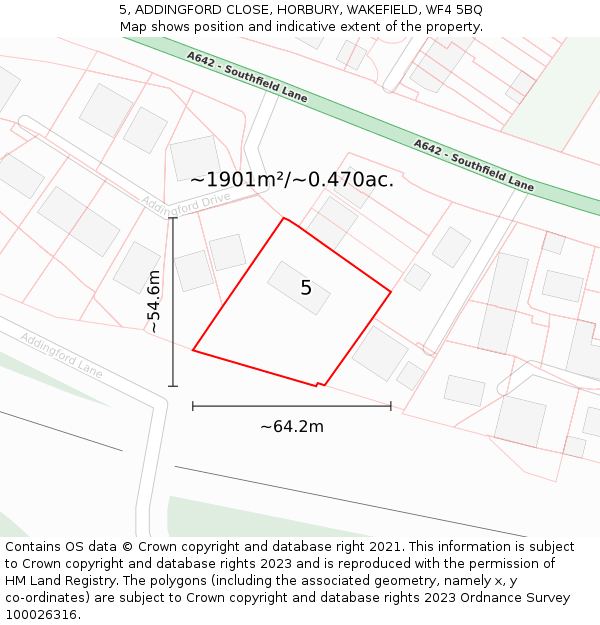 5, ADDINGFORD CLOSE, HORBURY, WAKEFIELD, WF4 5BQ: Plot and title map