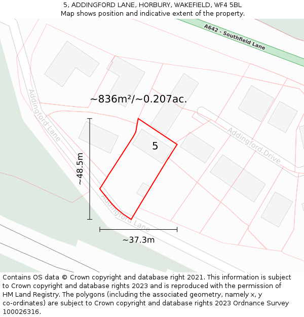 5, ADDINGFORD LANE, HORBURY, WAKEFIELD, WF4 5BL: Plot and title map