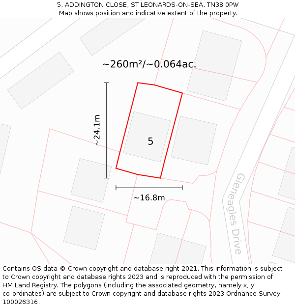 5, ADDINGTON CLOSE, ST LEONARDS-ON-SEA, TN38 0PW: Plot and title map