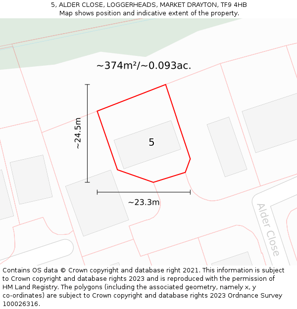 5, ALDER CLOSE, LOGGERHEADS, MARKET DRAYTON, TF9 4HB: Plot and title map