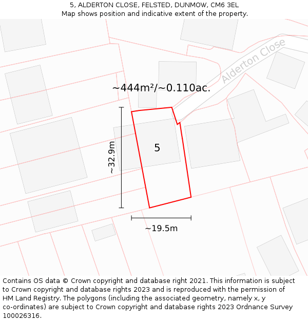 5, ALDERTON CLOSE, FELSTED, DUNMOW, CM6 3EL: Plot and title map