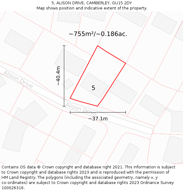 5, ALISON DRIVE, CAMBERLEY, GU15 2DY: Plot and title map