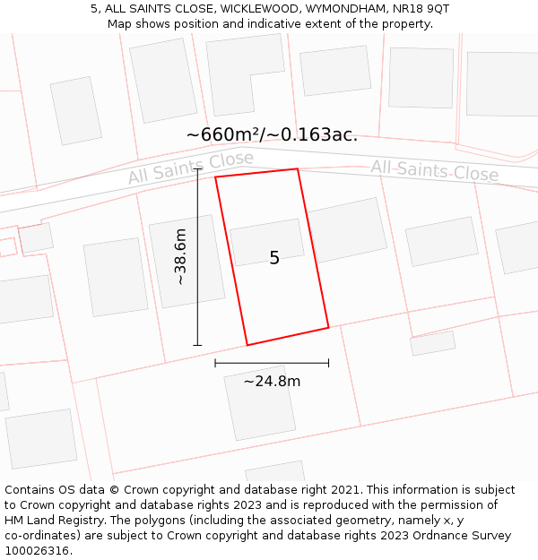 5, ALL SAINTS CLOSE, WICKLEWOOD, WYMONDHAM, NR18 9QT: Plot and title map