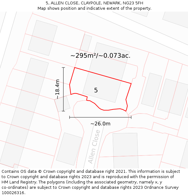 5, ALLEN CLOSE, CLAYPOLE, NEWARK, NG23 5FH: Plot and title map