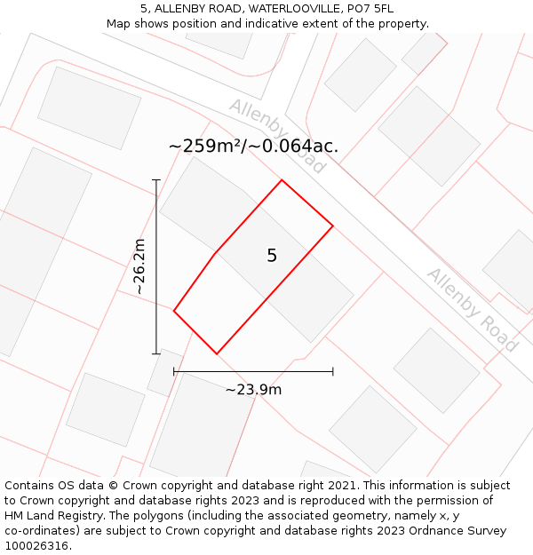 5, ALLENBY ROAD, WATERLOOVILLE, PO7 5FL: Plot and title map