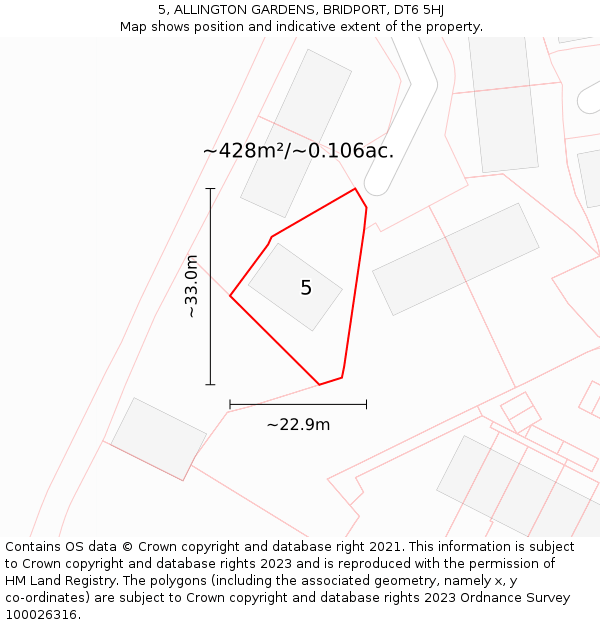 5, ALLINGTON GARDENS, BRIDPORT, DT6 5HJ: Plot and title map