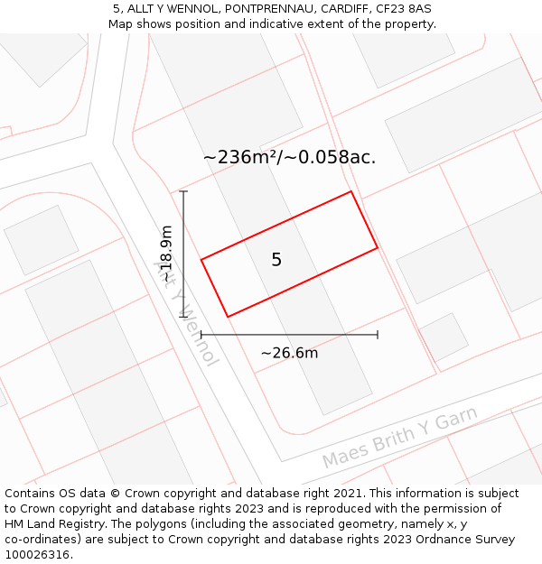 5, ALLT Y WENNOL, PONTPRENNAU, CARDIFF, CF23 8AS: Plot and title map