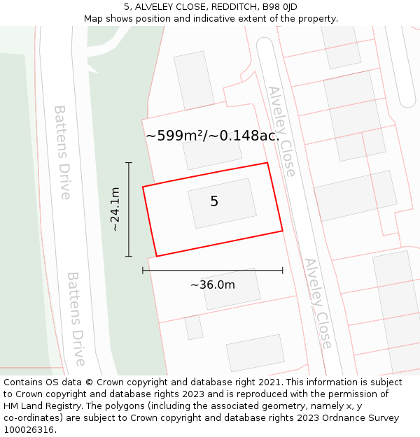 5, ALVELEY CLOSE, REDDITCH, B98 0JD: Plot and title map