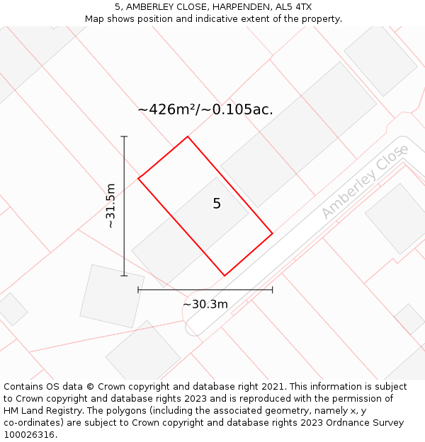 5, AMBERLEY CLOSE, HARPENDEN, AL5 4TX: Plot and title map
