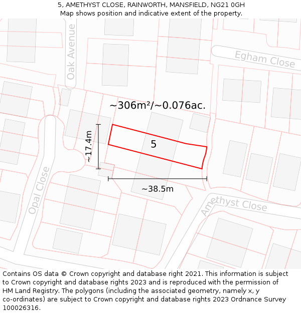 5, AMETHYST CLOSE, RAINWORTH, MANSFIELD, NG21 0GH: Plot and title map
