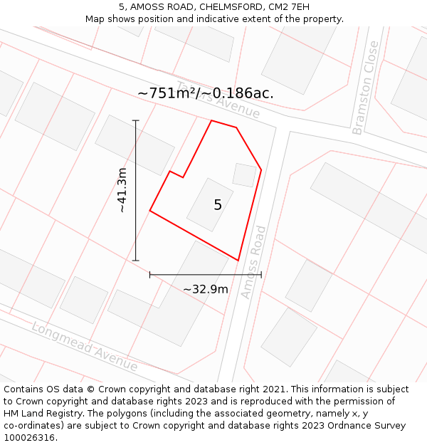 5, AMOSS ROAD, CHELMSFORD, CM2 7EH: Plot and title map