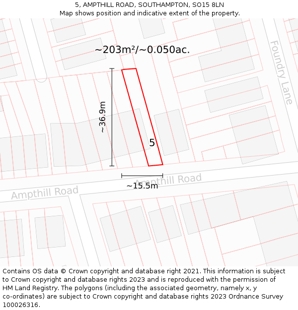 5, AMPTHILL ROAD, SOUTHAMPTON, SO15 8LN: Plot and title map