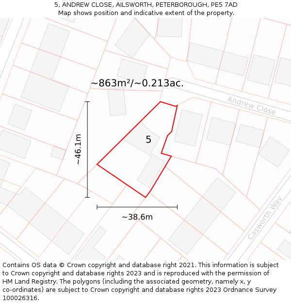 5, ANDREW CLOSE, AILSWORTH, PETERBOROUGH, PE5 7AD: Plot and title map