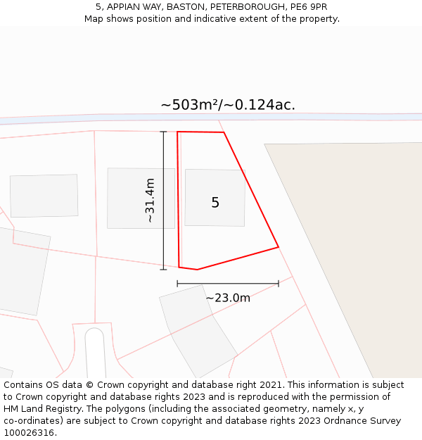 5, APPIAN WAY, BASTON, PETERBOROUGH, PE6 9PR: Plot and title map