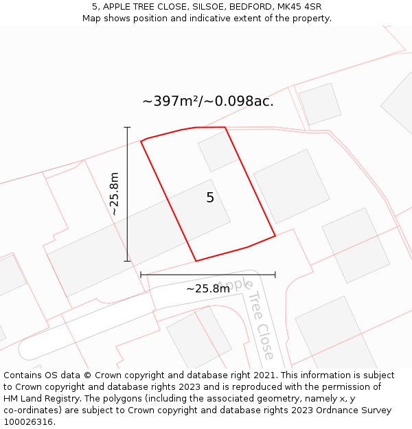5, APPLE TREE CLOSE, SILSOE, BEDFORD, MK45 4SR: Plot and title map