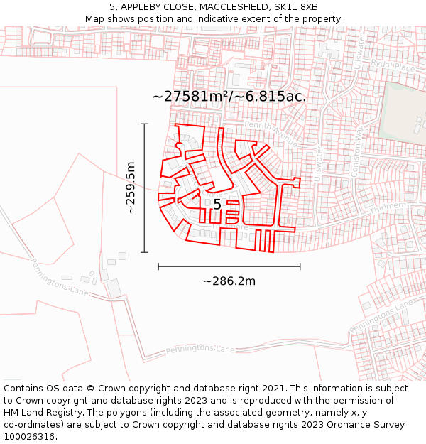 5, APPLEBY CLOSE, MACCLESFIELD, SK11 8XB: Plot and title map
