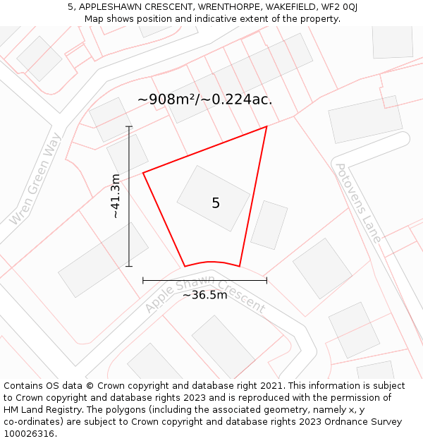 5, APPLESHAWN CRESCENT, WRENTHORPE, WAKEFIELD, WF2 0QJ: Plot and title map