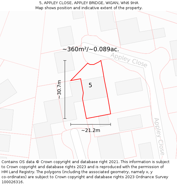 5, APPLEY CLOSE, APPLEY BRIDGE, WIGAN, WN6 9HA: Plot and title map