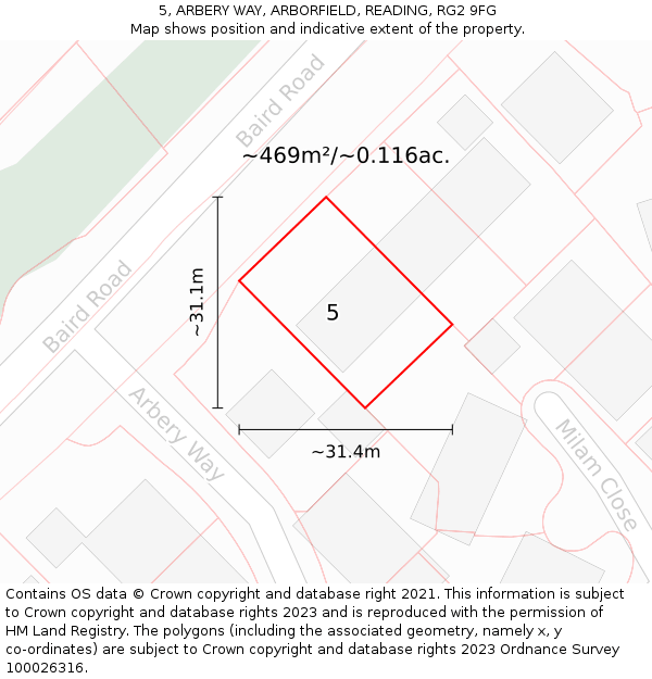 5, ARBERY WAY, ARBORFIELD, READING, RG2 9FG: Plot and title map