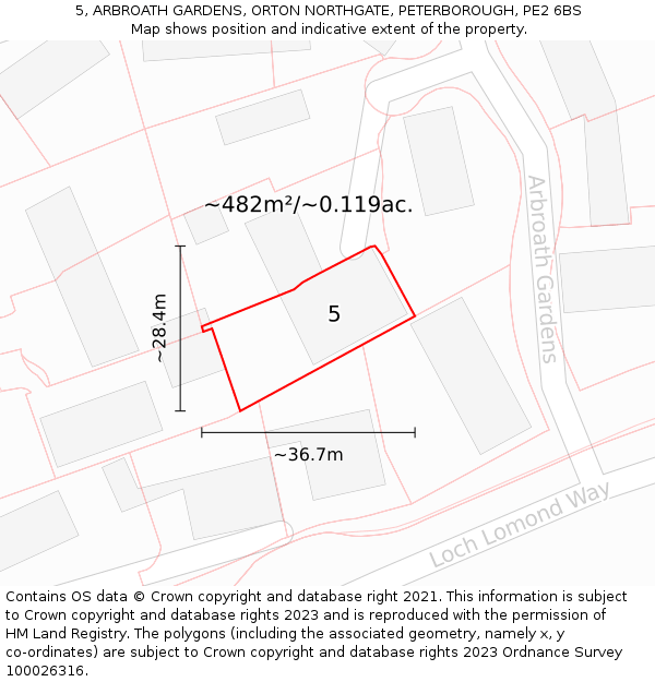 5, ARBROATH GARDENS, ORTON NORTHGATE, PETERBOROUGH, PE2 6BS: Plot and title map