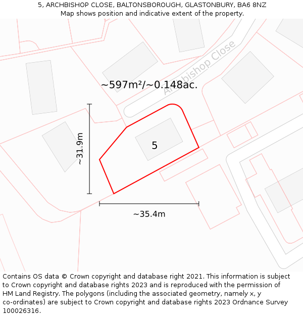 5, ARCHBISHOP CLOSE, BALTONSBOROUGH, GLASTONBURY, BA6 8NZ: Plot and title map