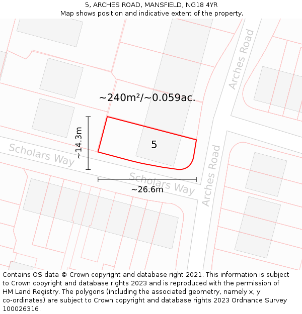 5, ARCHES ROAD, MANSFIELD, NG18 4YR: Plot and title map