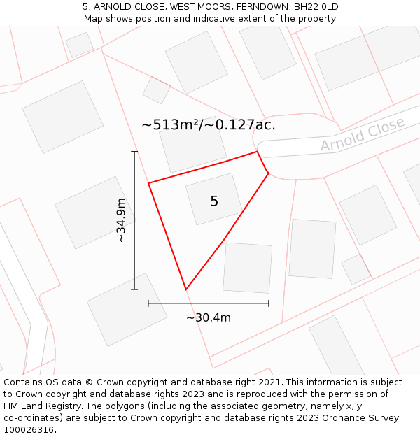 5, ARNOLD CLOSE, WEST MOORS, FERNDOWN, BH22 0LD: Plot and title map