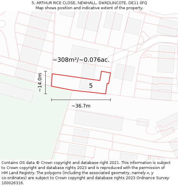 5, ARTHUR RICE CLOSE, NEWHALL, SWADLINCOTE, DE11 0FQ: Plot and title map