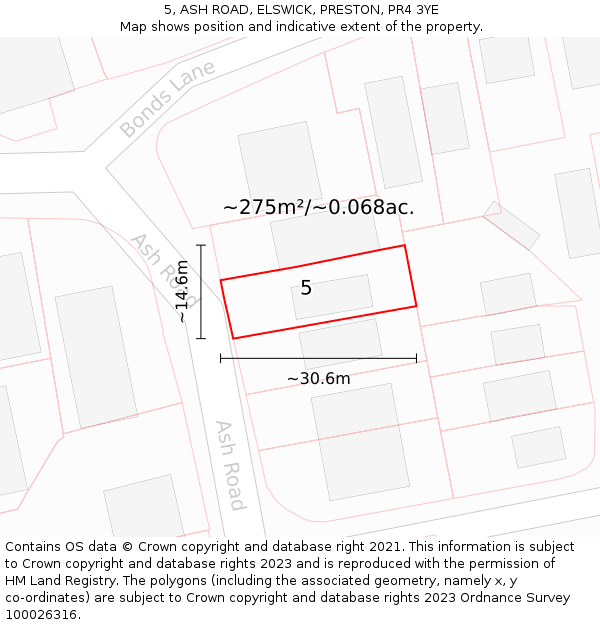 5, ASH ROAD, ELSWICK, PRESTON, PR4 3YE: Plot and title map