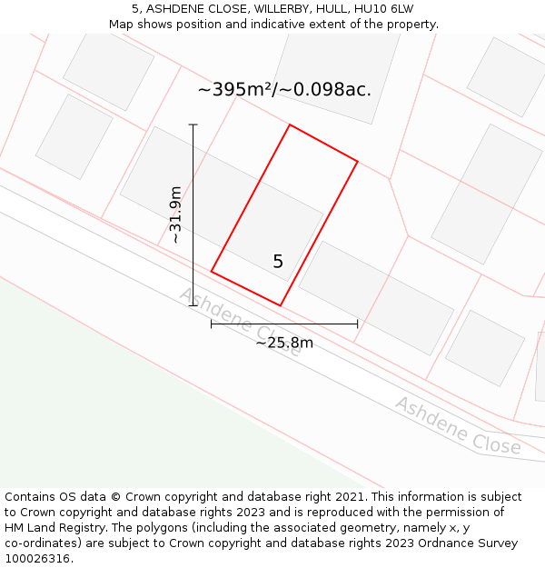 5, ASHDENE CLOSE, WILLERBY, HULL, HU10 6LW: Plot and title map