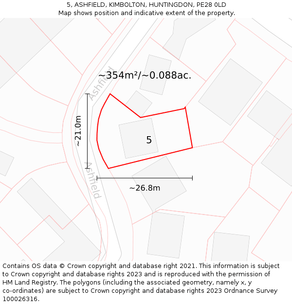 5, ASHFIELD, KIMBOLTON, HUNTINGDON, PE28 0LD: Plot and title map