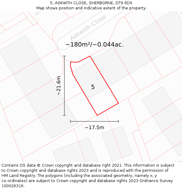 5, ASKWITH CLOSE, SHERBORNE, DT9 6DX: Plot and title map