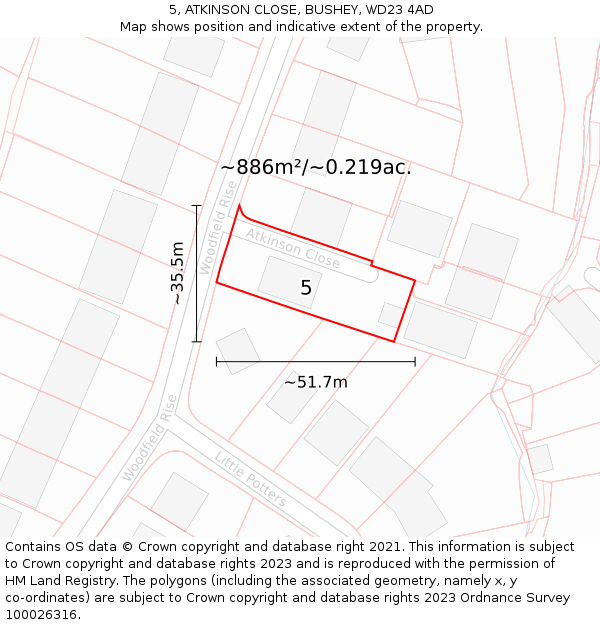 5, ATKINSON CLOSE, BUSHEY, WD23 4AD: Plot and title map