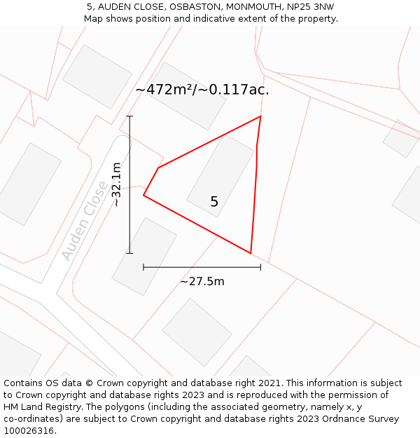 5, AUDEN CLOSE, OSBASTON, MONMOUTH, NP25 3NW: Plot and title map