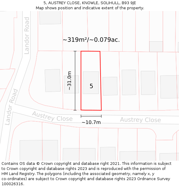 5, AUSTREY CLOSE, KNOWLE, SOLIHULL, B93 9JE: Plot and title map