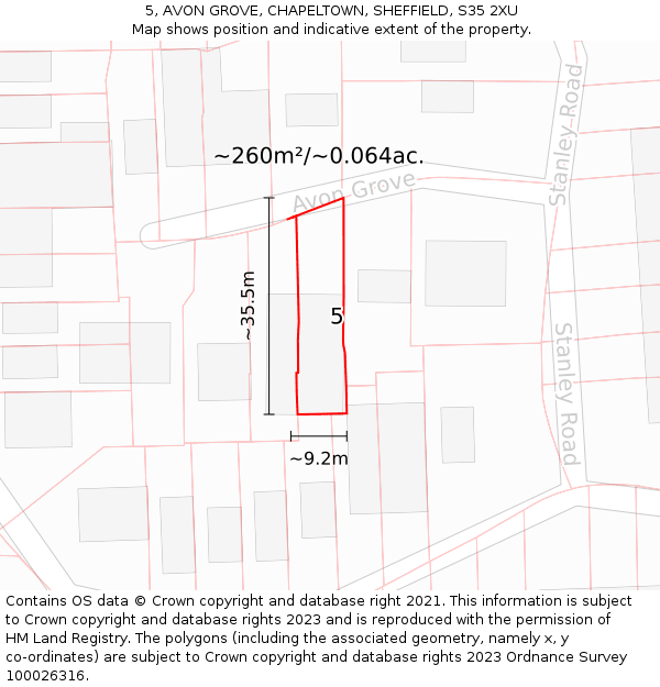 5, AVON GROVE, CHAPELTOWN, SHEFFIELD, S35 2XU: Plot and title map