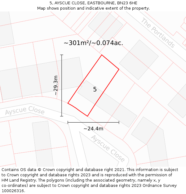5, AYSCUE CLOSE, EASTBOURNE, BN23 6HE: Plot and title map