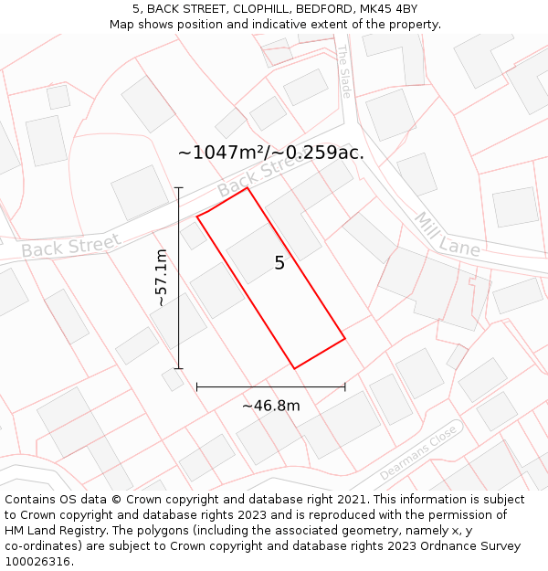5, BACK STREET, CLOPHILL, BEDFORD, MK45 4BY: Plot and title map