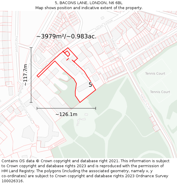 5, BACONS LANE, LONDON, N6 6BL: Plot and title map